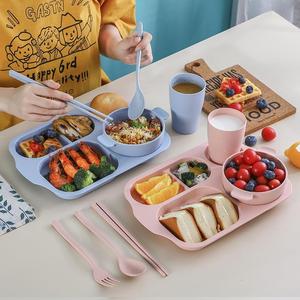 小麦幼儿园分格餐盘六件套防摔筷叉勺杯子饭碗儿童餐具套装