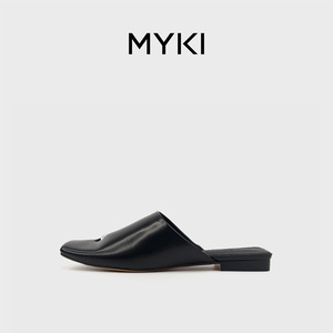 MYKI2023夏季新款真皮方头一脚蹬平底舒适懒人鞋时尚百搭包头拖鞋