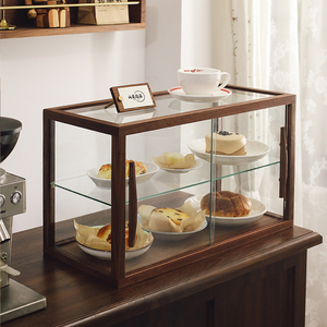 咖啡店甜品面包展示柜复古实木玻璃柜茶杯柜玩具手办陈列收纳柜子