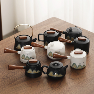 黑陶远山茶壶家用简约功夫茶具手绘中式侧把壶木柄泡茶单壶泡茶器