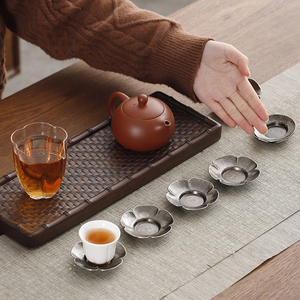 中式仿古银杯垫轻奢合金隔热茶杯托花型茶碟做旧功夫茶具茶桌零配
