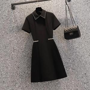 2024夏季韩系修身版型收腰长裙时尚减龄收腰显瘦百褶短袖黑色单裙