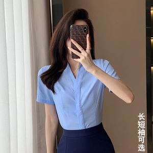 职业衬衫女夏新款修身气质白衬衣套装蓝色工装上衣V领短袖工作服