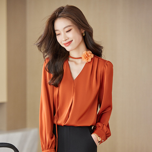 醋酸缎面衬衫女橙色2024新款高级感法式气质小衫橘色上衣V领衬衣