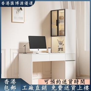 香港包郵奶油风转角书桌梳妆台组合家用卧室电脑桌书架一体实木定