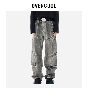 OVER COOL24春季新品情侣款潮流直筒擦色宽松牛仔裤工装口袋长裤