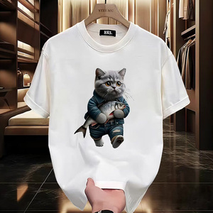 夏季新款超火猫咪拿鱼图案印花短袖T恤男士宽松百搭潮牌时尚上衣