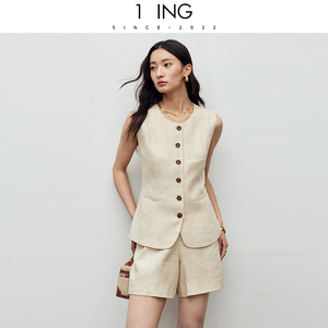 1ING“日本进口雨露麻”高级老钱风气质抗皱显瘦修身马甲亚麻套装