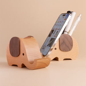 大象笔筒笔插木质手机支架小象手机桌面架实木手机底座办公室收纳