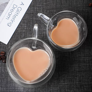 创意心形玻璃咖啡杯家用双层隔热果汁杯高硼硅水杯牛奶杯带把茶杯