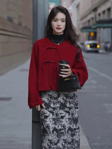 新年战袍红色毛呢外套中式女装中国风超好看气质名媛短款大衣秋冬