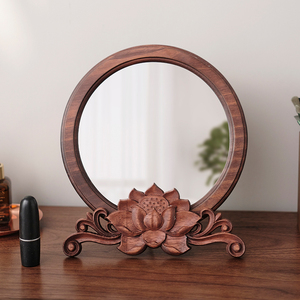 复古木质圆形化妆镜台式梳妆台中国风古风结婚陪嫁实木镜子桌面镜