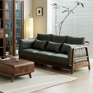 北美黑胡桃木沙发全实木三人位真皮沙发组合现代简约北欧客厅家具