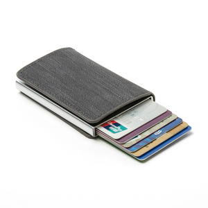 高档牛仔纹RFID防盗刷商务自动卡包男士防磁短款钱包超薄金属钱夹