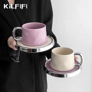 法式银边香芋紫咖啡杯碟套装轻奢陶瓷马克杯精致下午茶高档咖啡杯