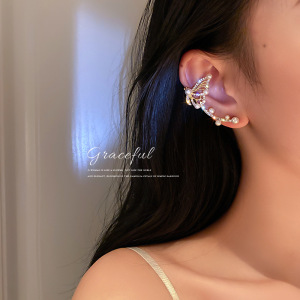 韩国时尚个性珍珠镶钻蝴蝶耳钉耳骨夹单只网红气质