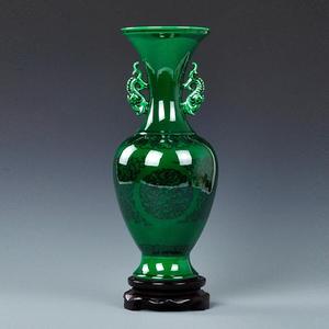 景德镇陶瓷翡翠绿色釉家居花瓶摆件仿古青花瓷瓶双耳瓶中式工艺品