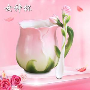 少女心杯子创意花朵陶瓷杯骨瓷咖啡杯可爱粉花茶杯玫瑰英式马克杯