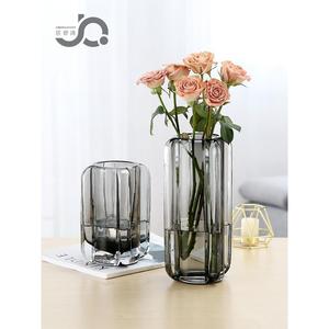 北欧简约竖棱方形玻璃琉璃花瓶百合玫瑰水培富贵竹鲜花桌面客厅茶