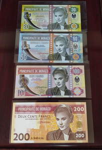 摩纳哥纸币 四张全套 测试钞  摩纳哥王妃 格蕾丝 凯丽 全新UNC