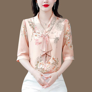 杭州丝绸真丝飘带衬衣女士夏季装短袖时尚洋气印花妈妈桑蚕丝上衣