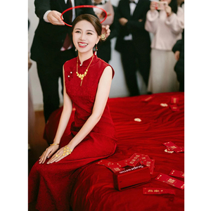 新中式改良旗袍高级感中国风红色无袖礼服裙新娘结婚订婚回门便装