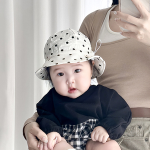婴儿帽子夏季薄款透气纯棉可爱波点防晒遮阳小月龄宝宝渔夫帽春夏