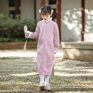 女童旗袍裙冬季长袖改良儿童拜年服小女孩唐装加厚中国风粉色刺绣