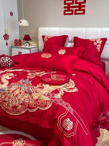 雅兰新中式结婚四件套床单被套刺绣婚房大红色喜被床上六件套