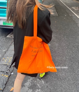 帆布包女韩ins夏季橘色字母百搭印花大容量单肩帆布袋购物袋女包