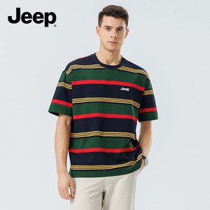 Jeep吉普短袖t恤男士夏季纯棉薄款体恤衫宽松条纹上衣服潮流男装