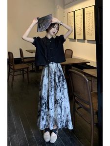 韩都衣舍新中式套装女2024夏季国风盘扣短衬衣+水墨画半身裙时尚