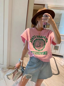 韩国东大门2024夏季新款印花粉色休闲绿字母洋气百搭减龄卫衣t恤