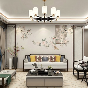5D新中式壁纸客厅沙发电视背景墙壁布自粘卧室床头花鸟影视墙壁画