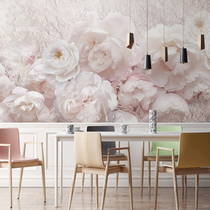 玫瑰花背景墙纸美容院美甲店壁纸粉色花朵卧室床头客厅立体壁布