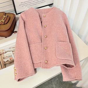 粉色双面羊绒大衣女短款2024春秋新款韩版小香风圆领气质羊毛外套