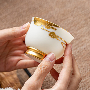 羊脂玉白瓷手工鎏金主人杯茶杯单杯黄金茶盏个人品茗茶杯高档茶具
