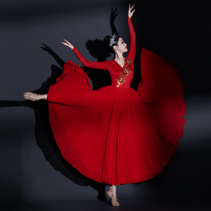红色720度大裙摆舞蹈裙万疆中国舞蹈服装开场舞现代舞连衣裙伴舞