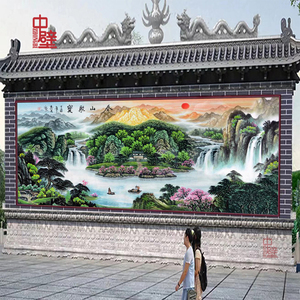 新中式迎门墙鸿运当头聚宝盆瓷砖照壁户外背景墙别墅庭院围墙壁画