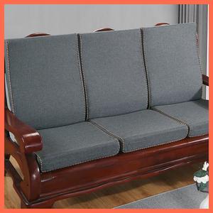 2024新款坐垫沙发老式实木垫子亚麻带靠背套连体木质木头椅三人座