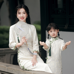 白色女童旗袍亲子装连衣裙秋季长袖复古国风新中式儿童古筝演出服
