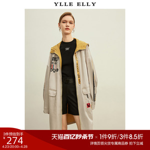 YLLE ELLY设计感印花风衣2024春季新款连帽经典气质中长款外套女