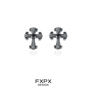 FXPX纯银暗黑克罗耳钉做旧十字架欧美耳饰嘻哈朋克潮耳环时尚银饰