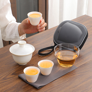 羊脂玉户外旅行茶具便携式快客杯白瓷泡茶器陶瓷盖碗茶杯礼品定制