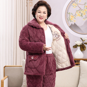 睡衣女秋冬季款珊瑚绒加厚加绒中老年妈妈三层夹棉保暖家居服套装
