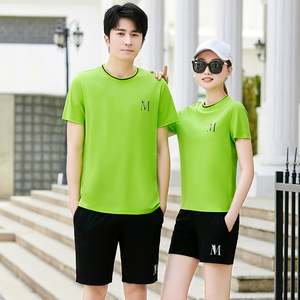 李宁正版夏季运动服男女同款跑步运动短袖套装团体休闲广场舞服装
