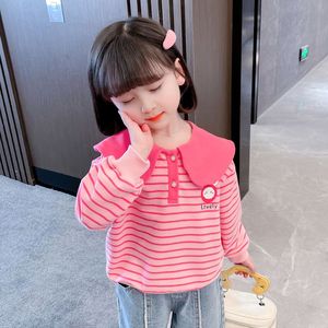 韩系女童卫衣春秋款2024新款儿童洋气条纹女宝宝春款加绒装娃娃领