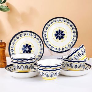 饭碗盘子北欧蓝花16件套碗盘米饭碗菜盘陶瓷釉下彩家用创意餐具装