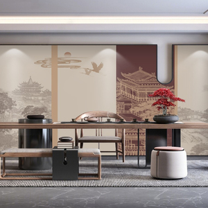 新中式祥云楼阁墙纸中国风古典茶室酒店壁画饭店餐厅装修环保壁纸