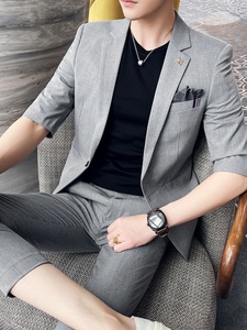 吉约蒙夏季薄款七分袖西装男套装小个子韩版修身休闲短袖西服外套